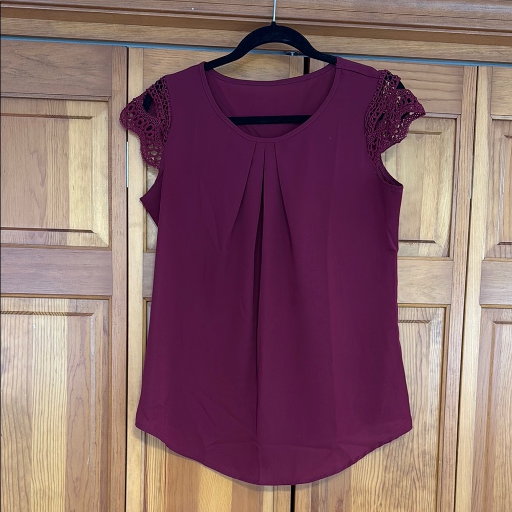 Women's Burgundy Top with Lace Sleeves
